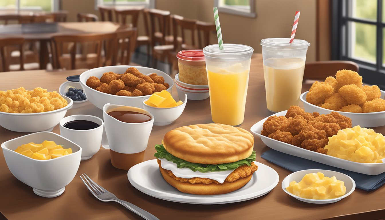 A colorful display of Chick-fil-A breakfast items arranged on a table, including chicken biscuits, hash browns, and fruit cups, with a warm and inviting atmosphere