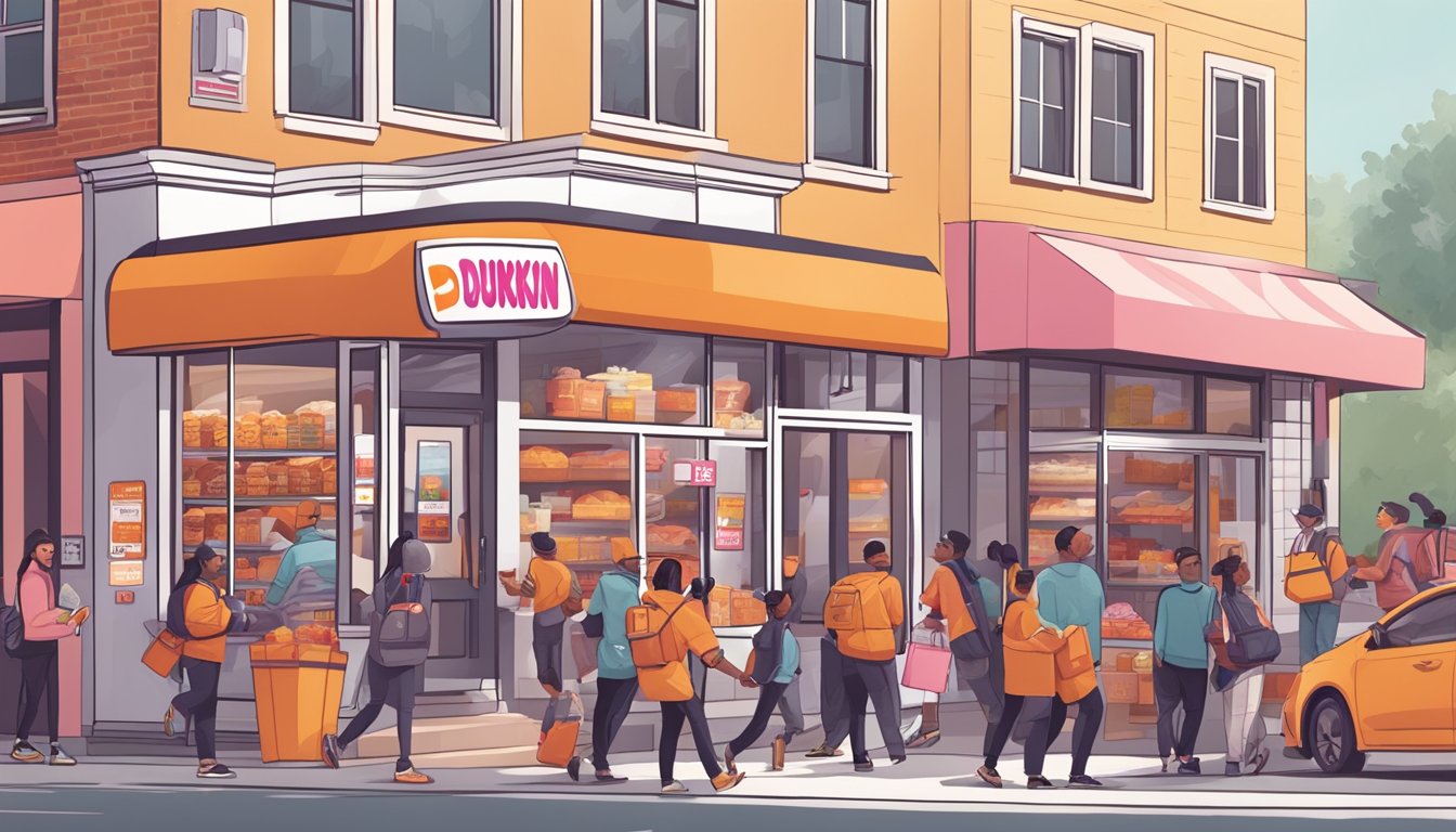 A bustling Dunkin' store with delivery drivers picking up orders, customers grabbing breakfast on the go, and staff preparing a variety of trendy breakfast items