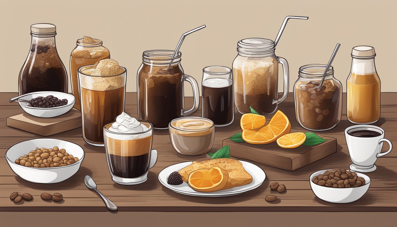 A table with 9 different cold brew flavor samples, surrounded by various breakfast items and trendy ingredients