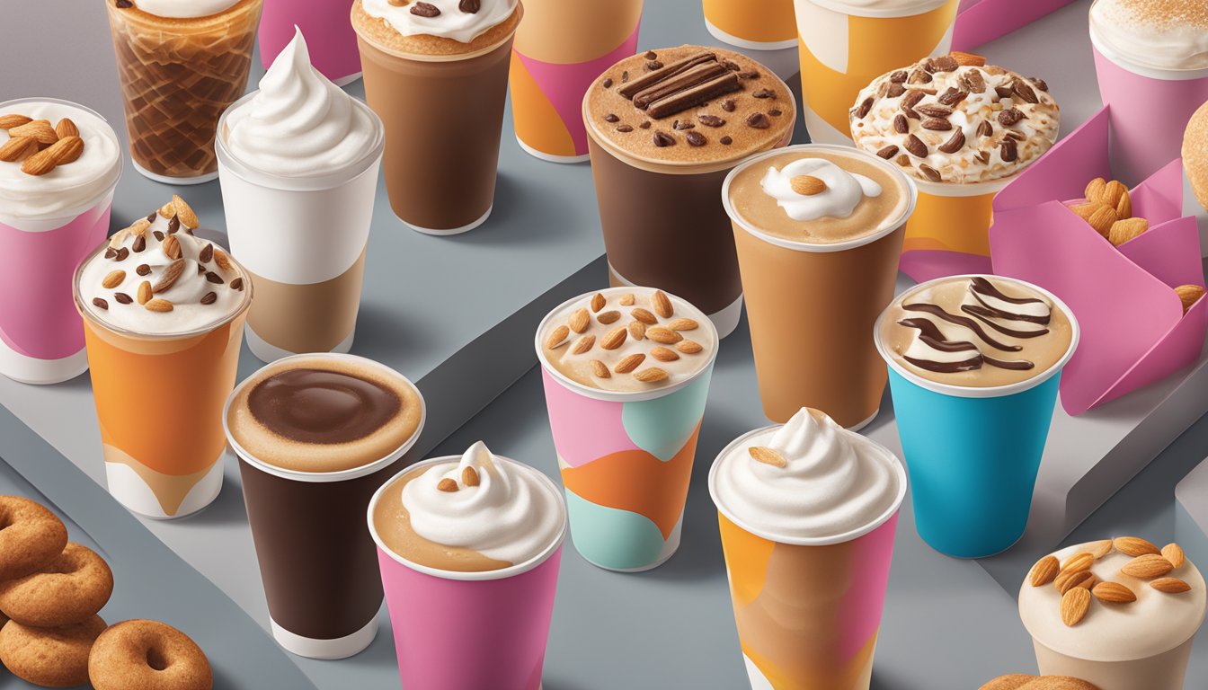 A row of 14 Dunkin' locations, each with a unique menu item, with a central focus on a toasted almond frozen coffee