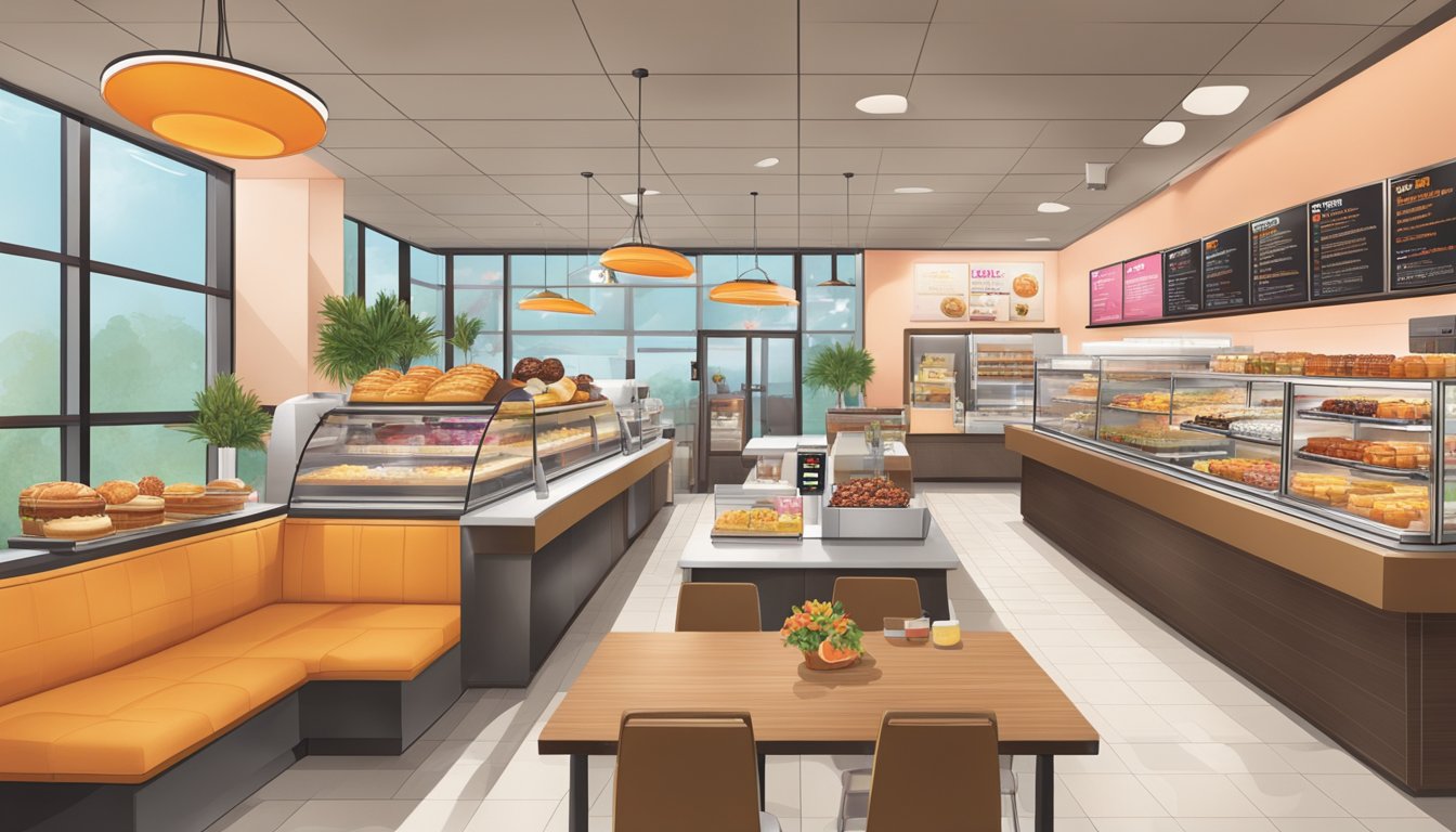 A bustling Dunkin' Donuts store with a variety of breakfast items displayed, from traditional pastries to trendy plant-based options. Customers of all ages enjoy the modern, inviting atmosphere