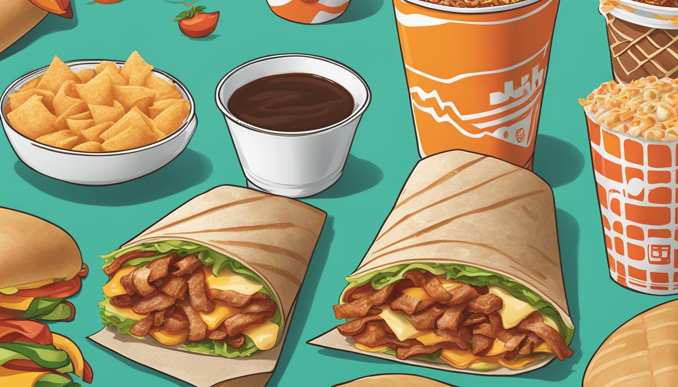 A sizzling Sriracha bacon breakfast wrap surrounded by unique menu items at 14 Dunkin' locations