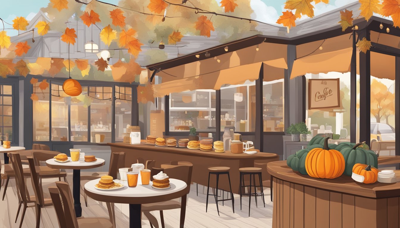 A cozy cafe with pumpkin spice pancakes and other unique menu items displayed on a counter, surrounded by warm fall decor