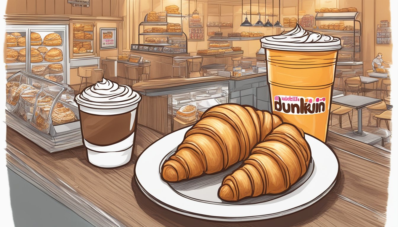 A warm, golden croissant split open to reveal a generous filling of creamy Nutella, surrounded by the bustling atmosphere of a Dunkin' location with unique menu items on display