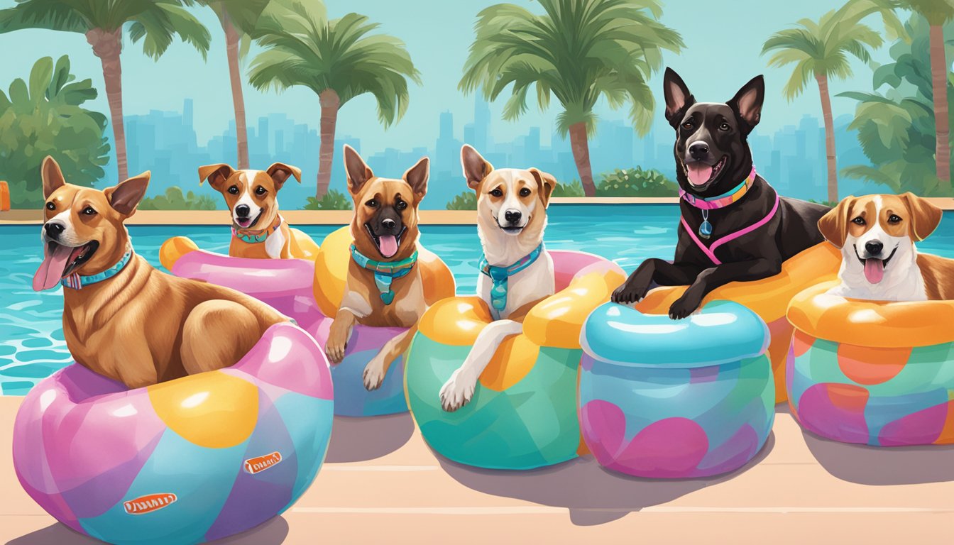 A group of dogs wearing colorful bikinis lounging by a pool with Dunkin' Donuts branded floaties and sipping on iced coffee