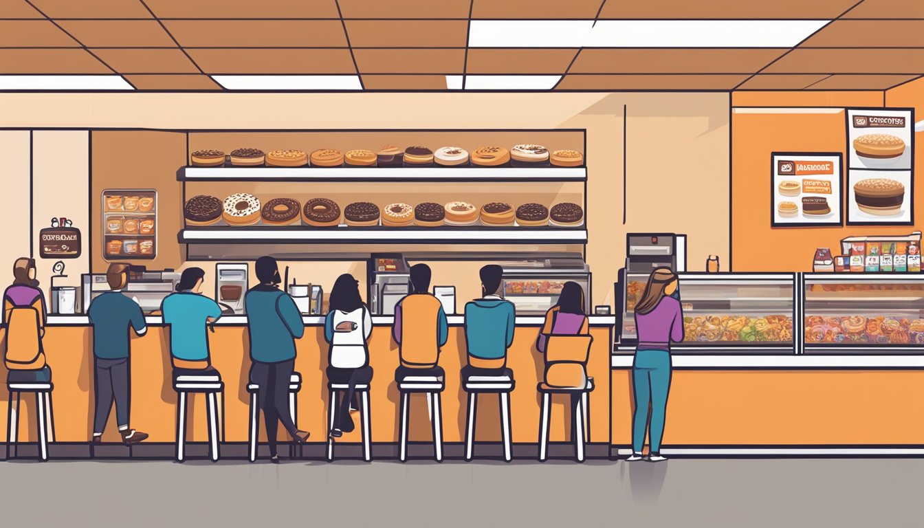 A bustling Dunkin' Donuts with a display of mocha oreo macchiatos and other unique menu items. Customers line up at the counter while others enjoy their drinks at tables