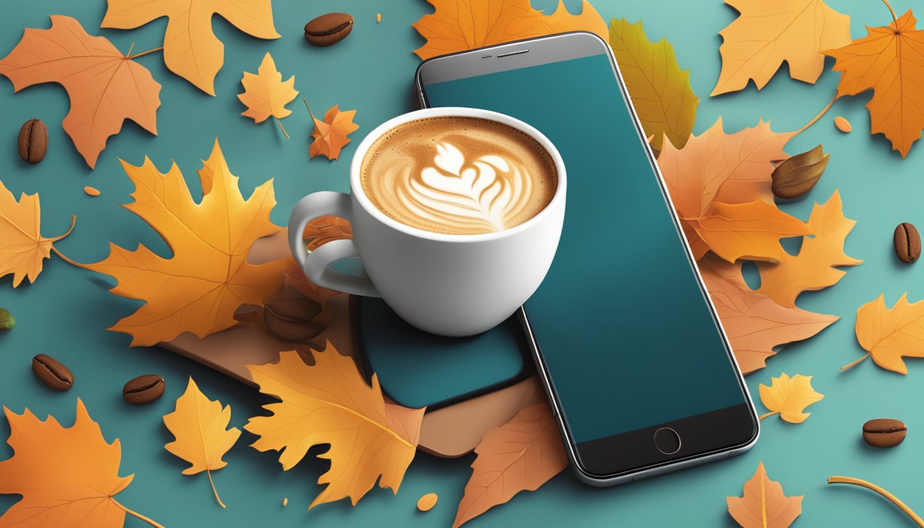 A festive coffee cup surrounded by fall leaves and pumpkins, with a social media post displayed on a smartphone in the background