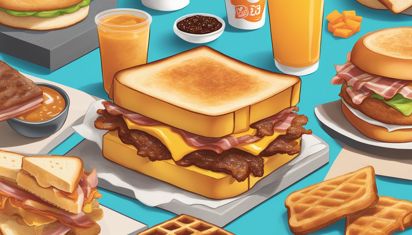 A sizzling grilled cheese sandwich oozing with bacon jam, surrounded by unique menu items at 14 Dunkin' locations