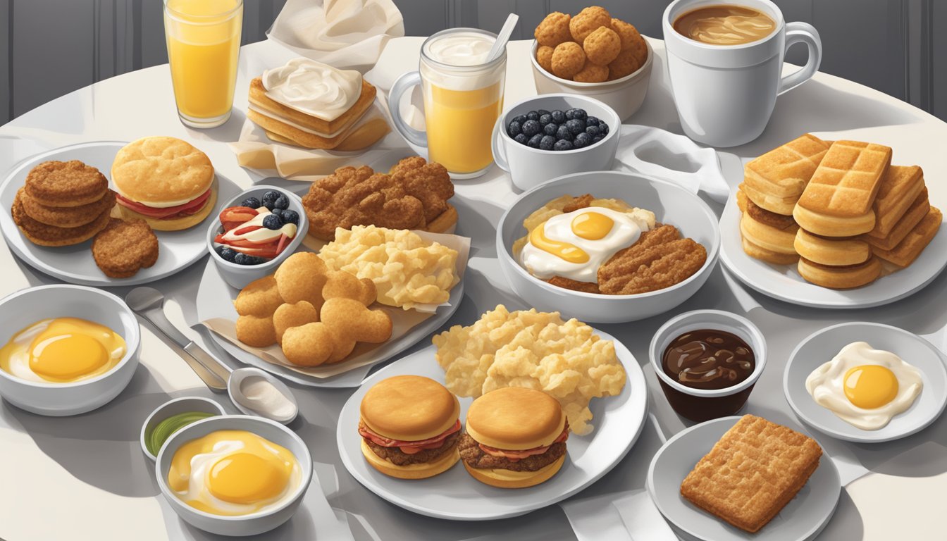 A table with a variety of Chick-fil-A breakfast items arranged neatly, with a focus on a buttered biscuit surrounded by other menu items