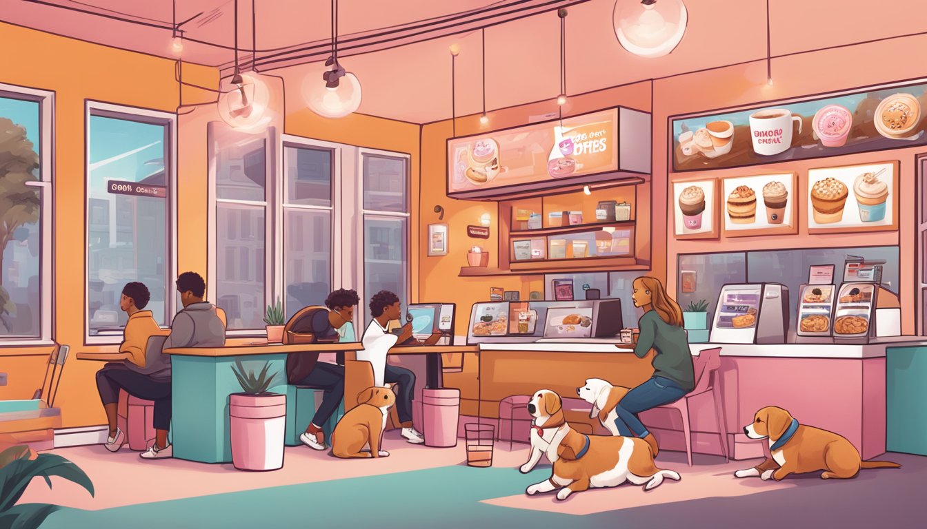 A cozy coffee shop with playful puppies roaming around, surrounded by Dunkin' Donuts branding and social media posts displayed on screens