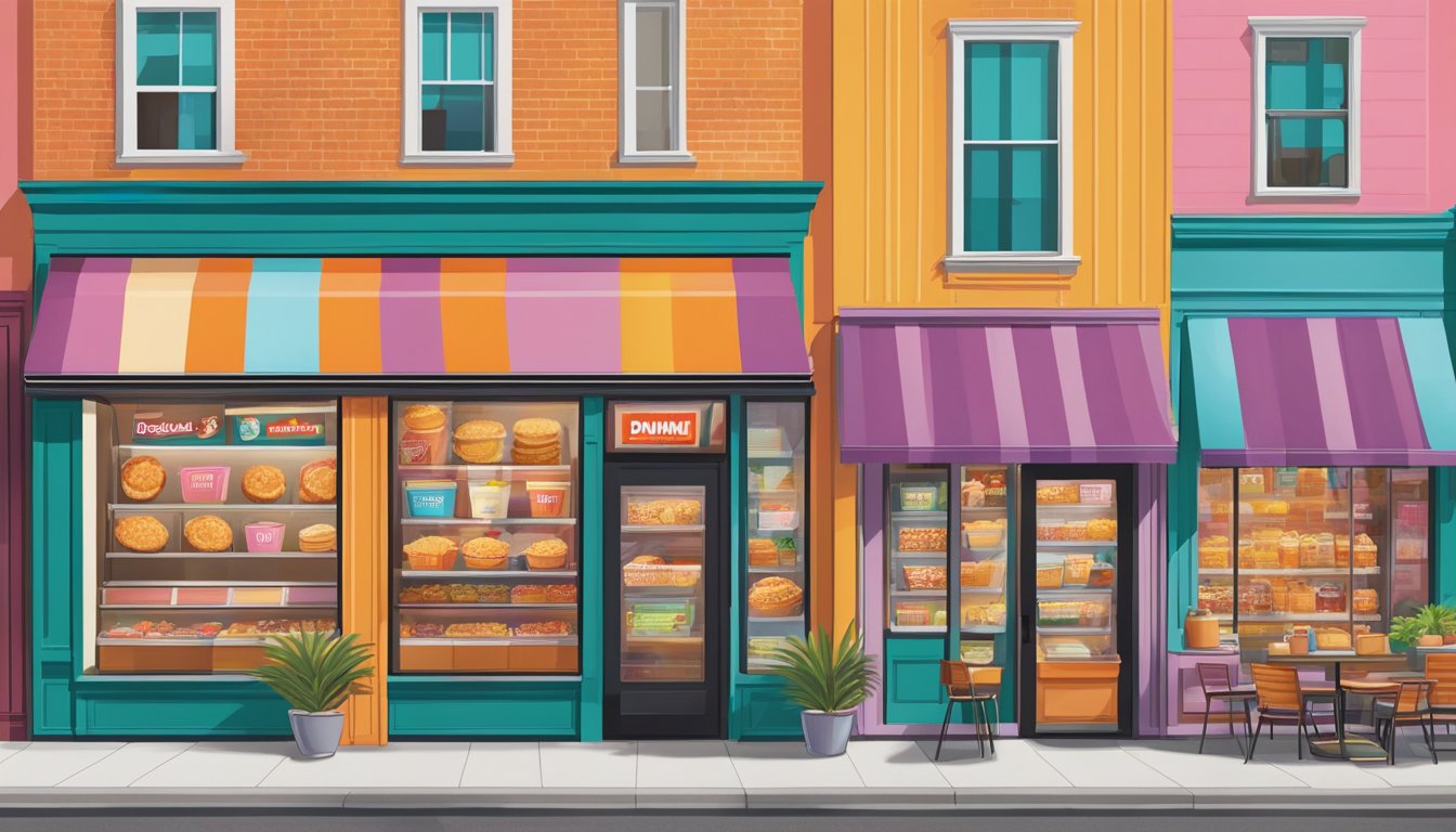 The illustration shows 14 Dunkin' locations with unique menu items, each reflecting cultural influences. The storefronts are vibrant and diverse, with colorful signage and various food and drink items displayed