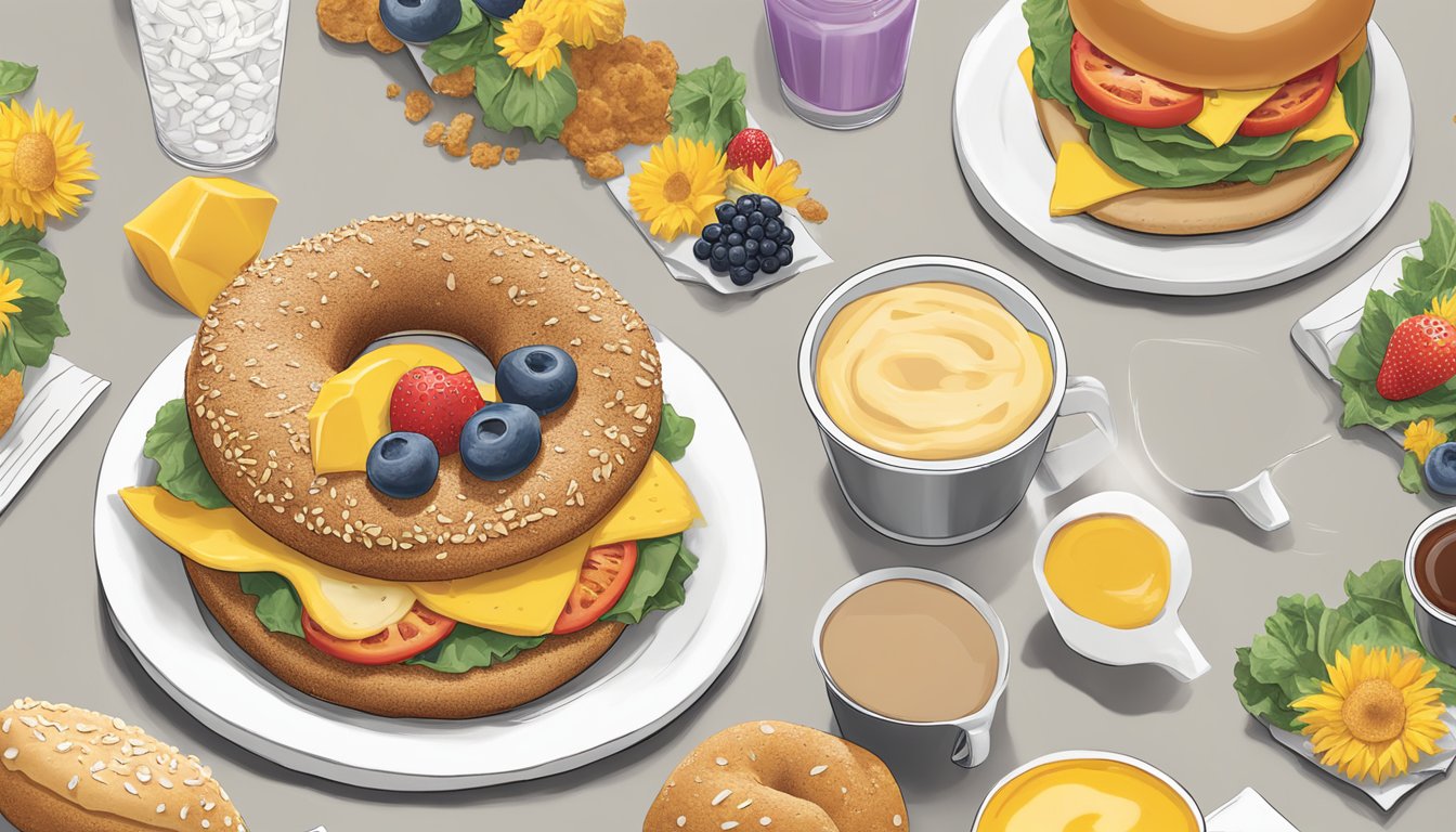 A colorful array of Chick-fil-A breakfast menu items arranged on a sunflower multigrain bagel, ready to be enjoyed