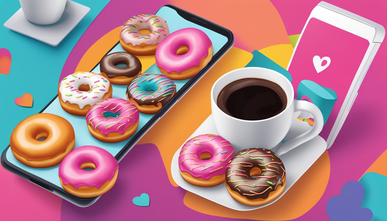 A colorful display of heart-shaped donuts and coffee cups, with the Dunkin' Donuts logo prominently featured. The social media posts are shown on a screen in the background