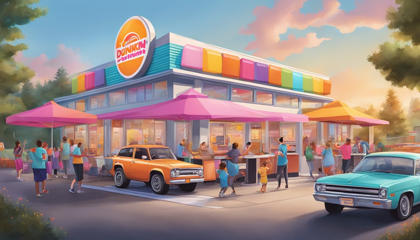 A colorful drive-thru with cars lined up, music blaring, and happy customers dancing while receiving their orders from Dunkin'