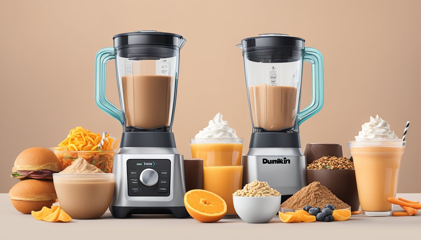 A blender filled with ingredients for a Turbo Chai Protein Shake surrounded by Dunkin' Inspired Workout Fuel Options