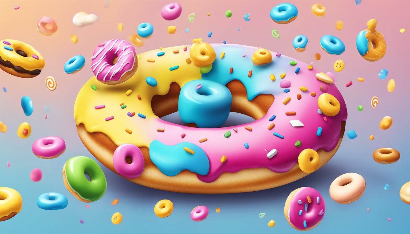 A colorful donut emoji being launched into the air, surrounded by social media icons and likes