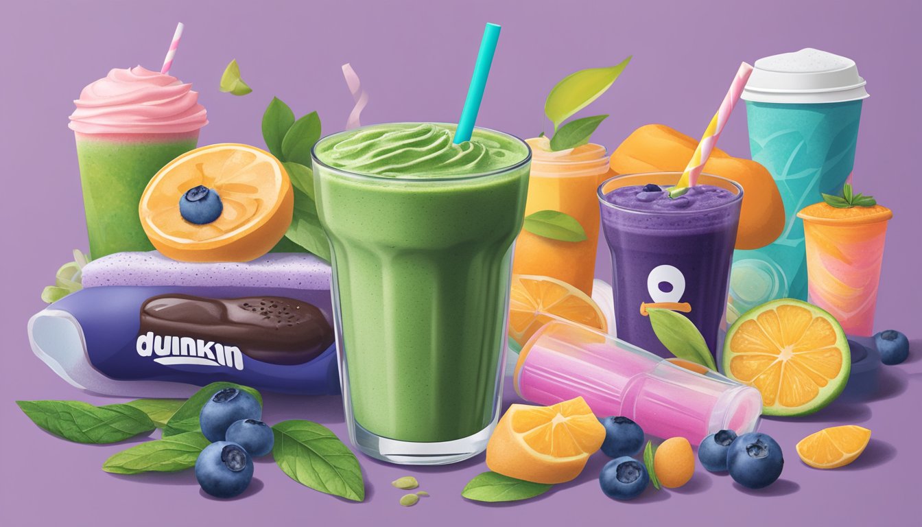 A vibrant blueberry matcha smoothie surrounded by workout gear and Dunkin' inspired fuel options