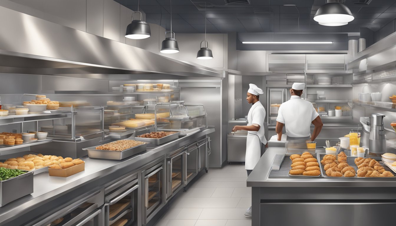 A bustling Chick-fil-A kitchen with fresh ingredients and suppliers delivering items for the breakfast menu