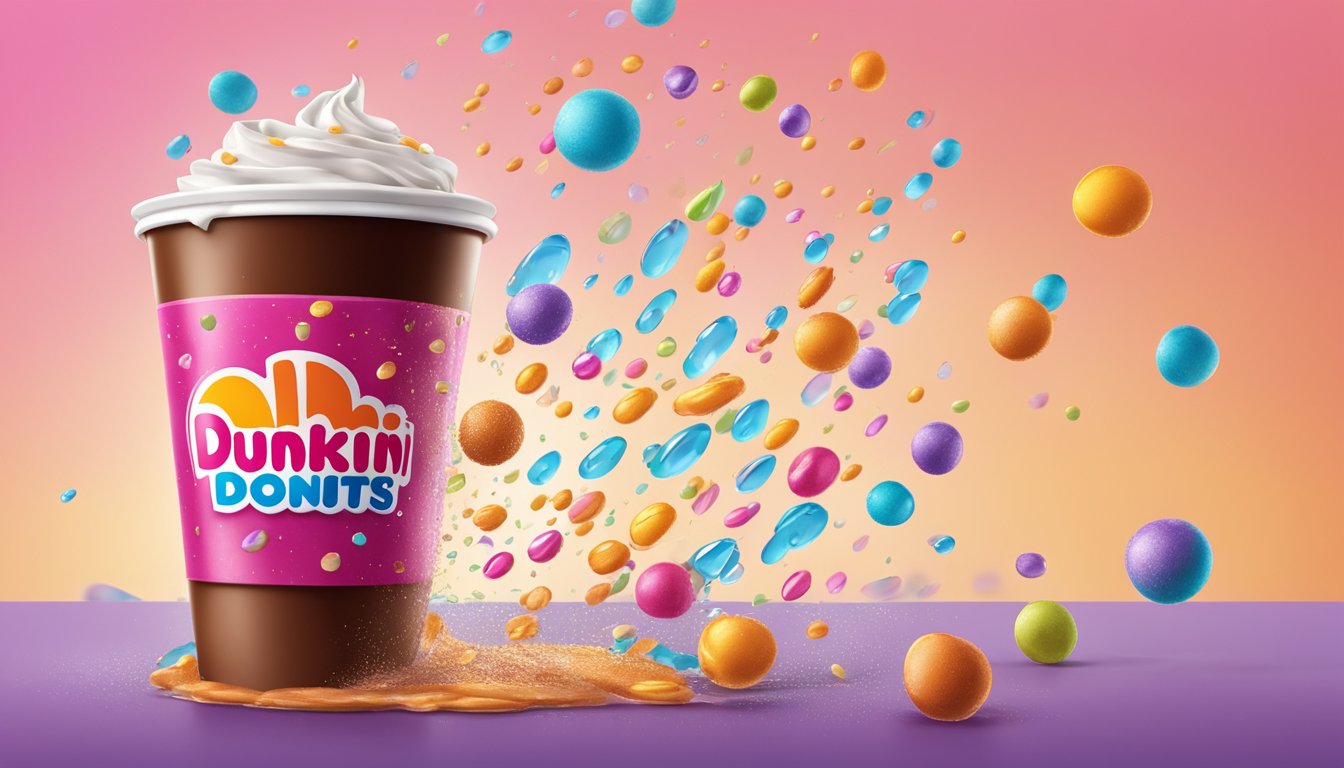 A colorful Dunkin' Donuts cup surrounded by falling drops of liquid