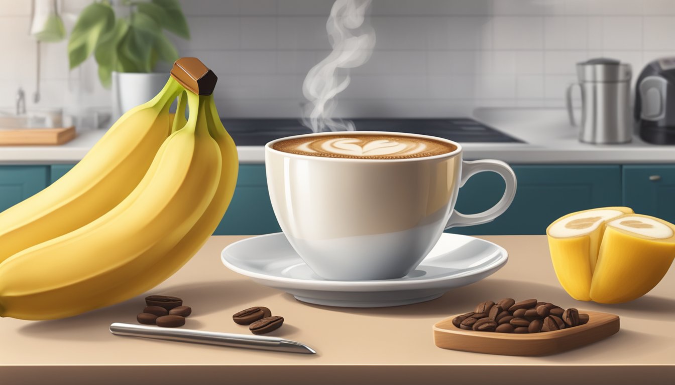 A steaming cup of coffee sits next to a ripe banana on a kitchen counter, ready to fuel a pre-workout session