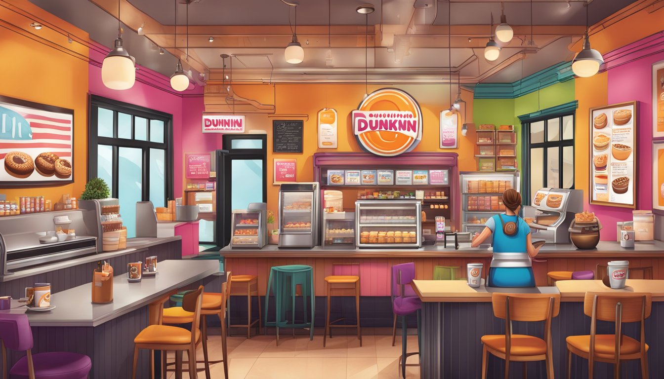 An inviting coffee shop with a vibrant and bustling atmosphere, featuring a prominent Dunkin' Donuts sign and a variety of social media posts displayed on screens