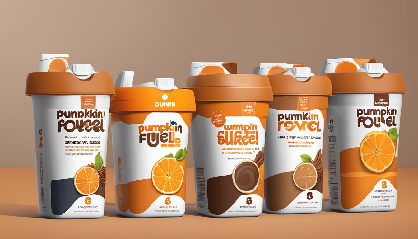 A table with eight different containers of pumpkin spice recovery drink, each labeled with a different Dunkin' inspired workout fuel option