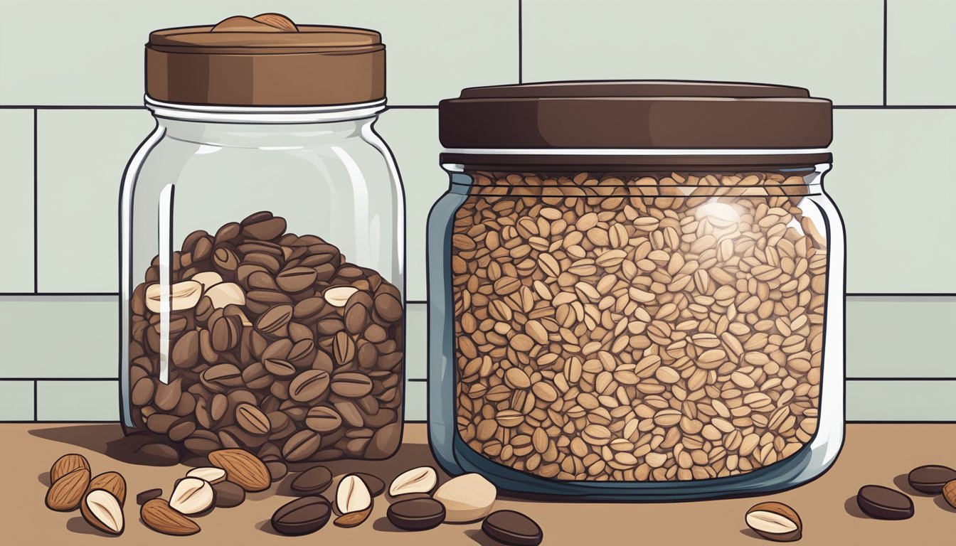 A glass jar filled with mocha almond overnight oats surrounded by coffee beans, almonds, and workout gear