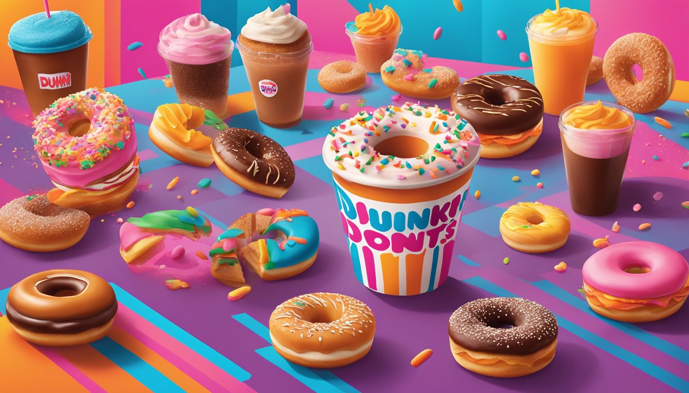 A colorful and energetic dance-off between various Dunkin' Donuts products, set against a vibrant background with the Dunkin' logo prominently displayed