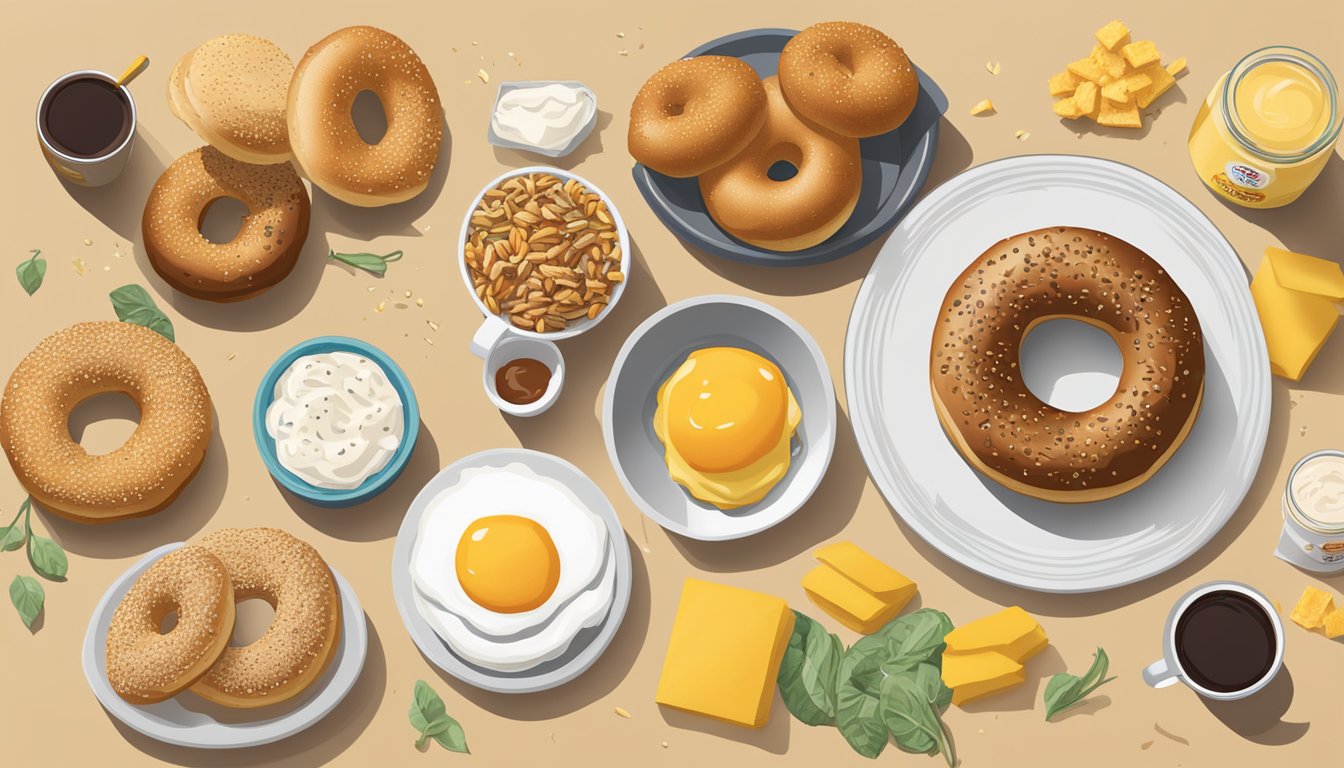 A sunflower multigrain bagel surrounded by various breakfast items with a list of 15 facts about Chick-fil-A's breakfast displayed nearby