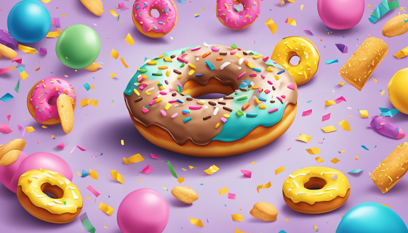 A donut with a fake bite taken out, surrounded by prank props and confetti, set against a playful background