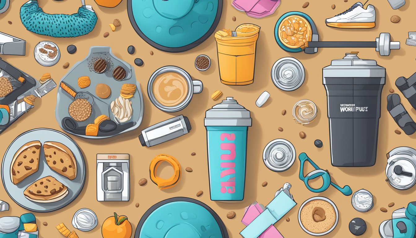 A table with eight Dunkin' inspired workout fuel options, including coffee, protein bars, and smoothies, surrounded by scientific equipment and fitness gear