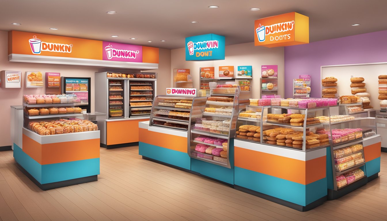 A colorful array of Dunkin' Donuts products arranged in a visually appealing display, surrounded by happy customers and employees