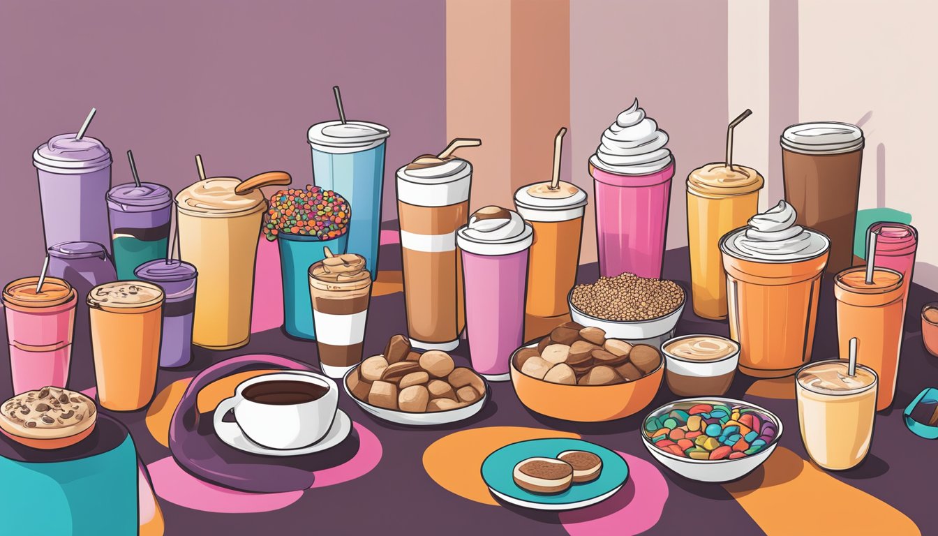 A colorful array of Dunkin' Inspired workout fuel options arranged on a table, including coffee, protein shakes, and healthy snacks