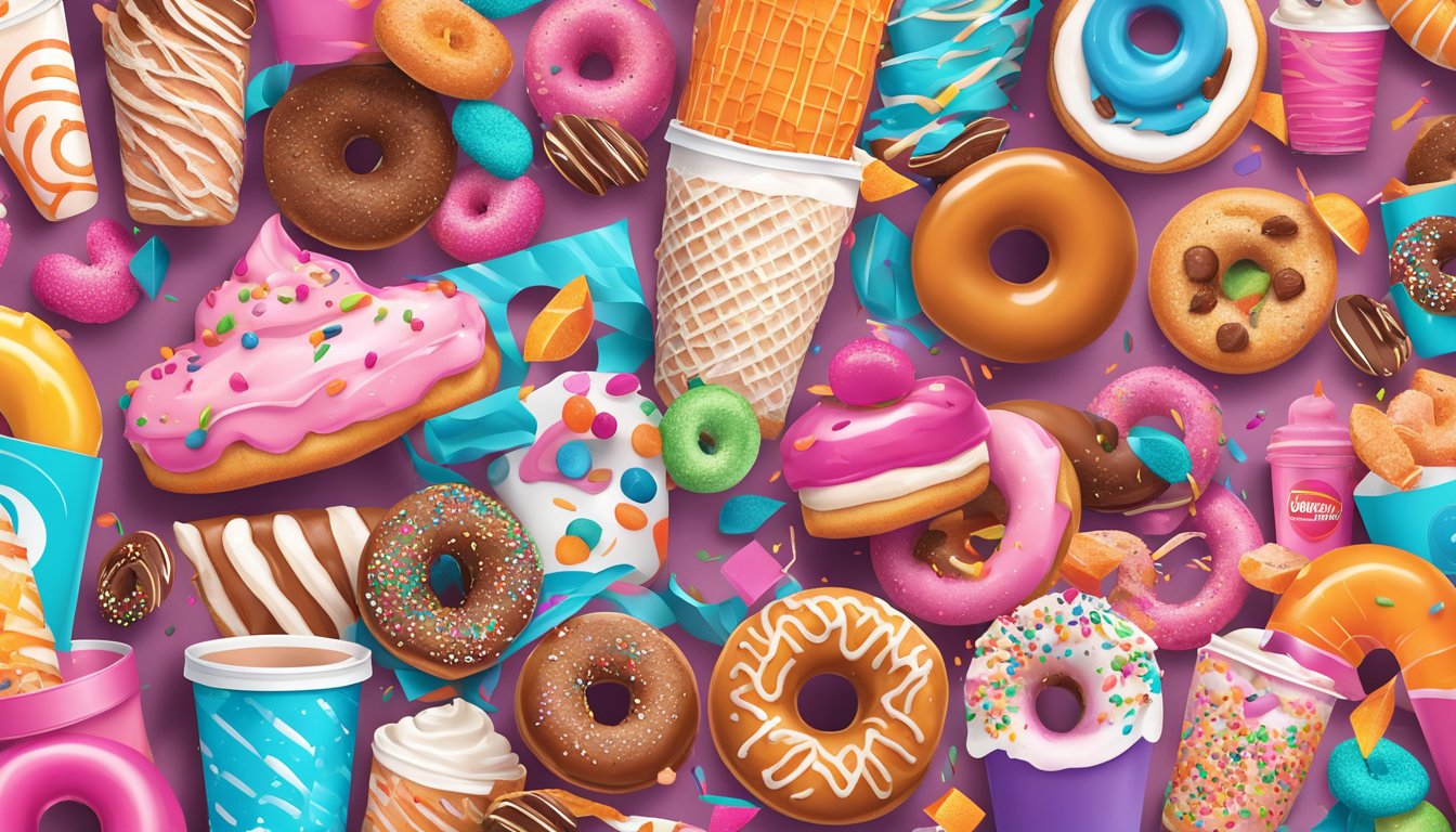 A colorful and vibrant collage of Dunkin' Donuts products and branding elements, surrounded by a flurry of likes, shares, and comments