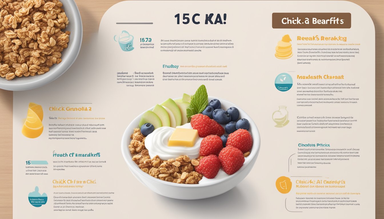 A Greek yogurt parfait topped with granola and fresh berries sits next to a menu listing 15 facts about Chick-fil-A's breakfast