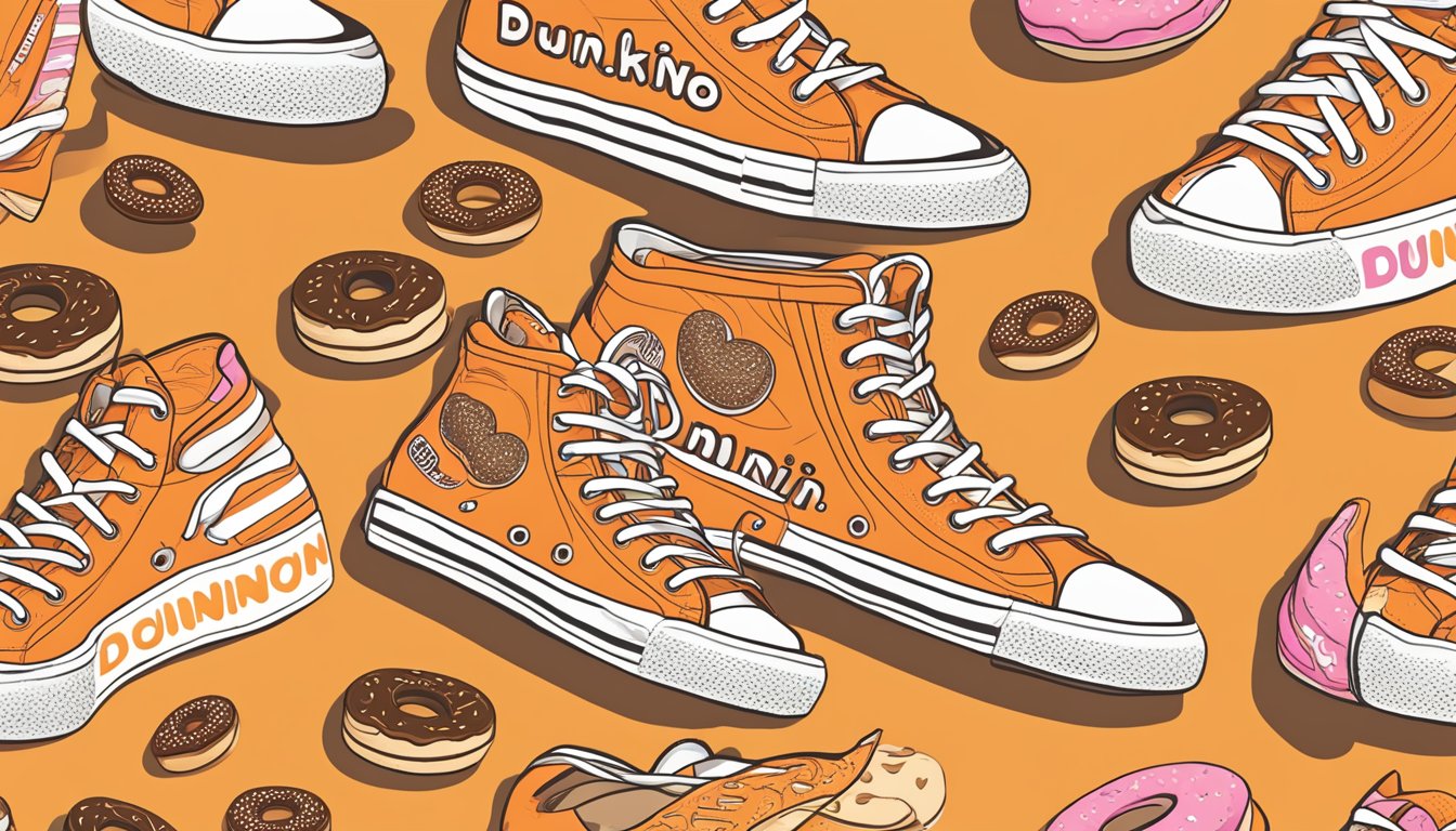 A pair of bright orange sneakers with Dunkin' Donuts logo pattern, surrounded by coffee cups and donuts