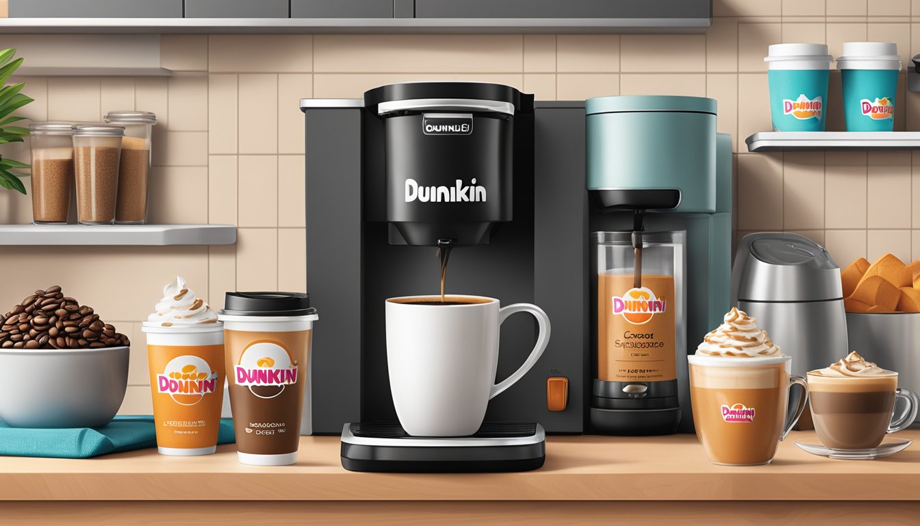 A cozy kitchen with a variety of Dunkin' coffee blends displayed on a countertop, surrounded by coffee mugs and a coffee maker