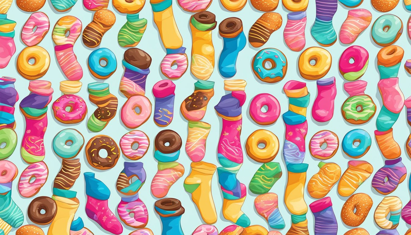 A colorful array of donut-patterned socks arranged in a playful and eye-catching display