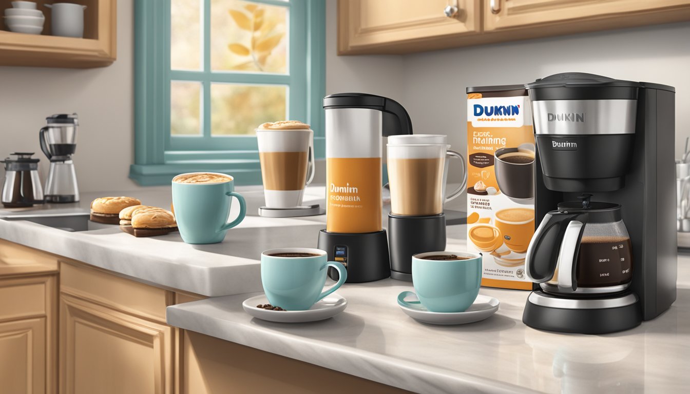 A cozy kitchen with a variety of French Vanilla Dunkin' coffee blends displayed on a countertop, surrounded by mugs and a coffee maker