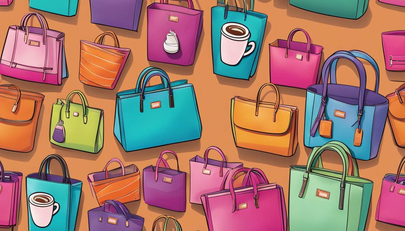 A display of 10 handbags inspired by Dunkin' Donuts, featuring coffee cup motifs and vibrant colors, arranged on a sleek, modern display stand