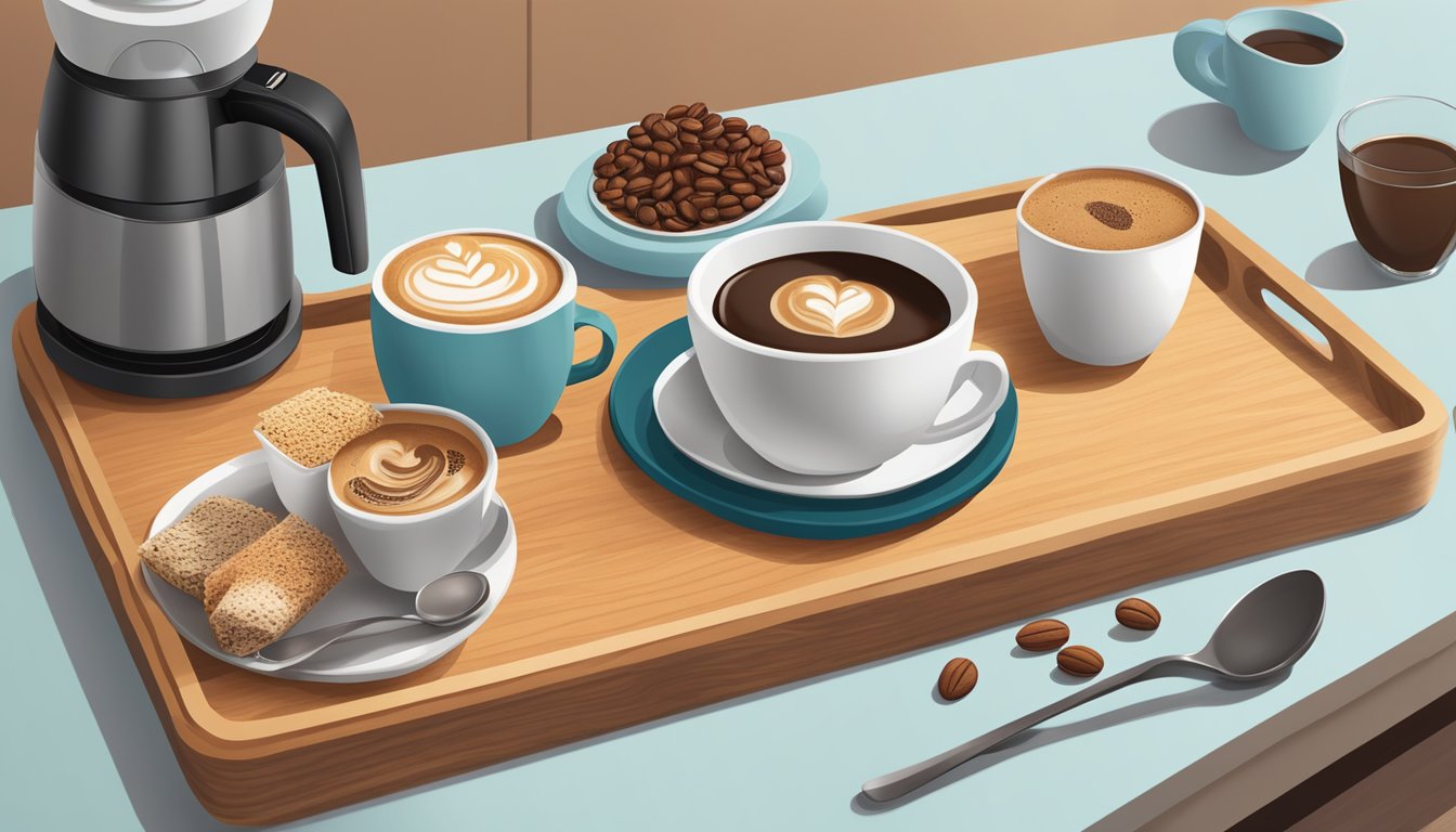 A cozy kitchen counter with a variety of Hazelnut Dunkin' Coffee blends displayed on a wooden tray, surrounded by coffee mugs and a coffee maker