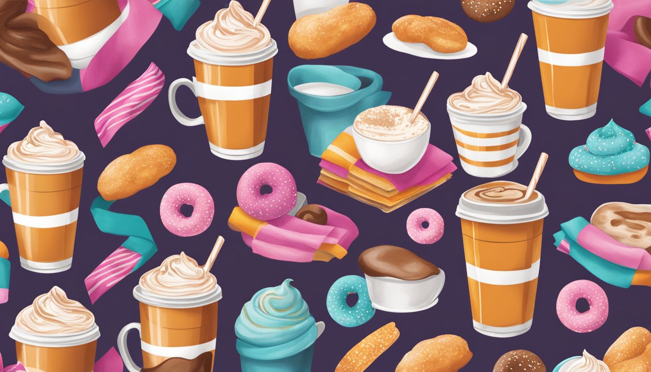 A cozy coffee shop with a display of 10 colorful scarves inspired by Dunkin' Donuts, featuring cream and sugar motifs