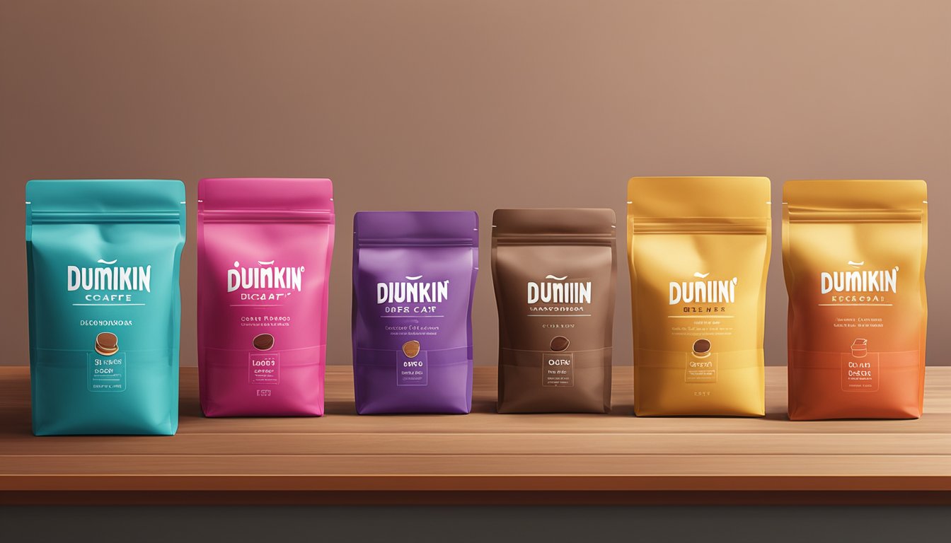 A colorful array of six coffee bags, each representing a different Dunkin' Decaf blend, arranged neatly on a wooden countertop