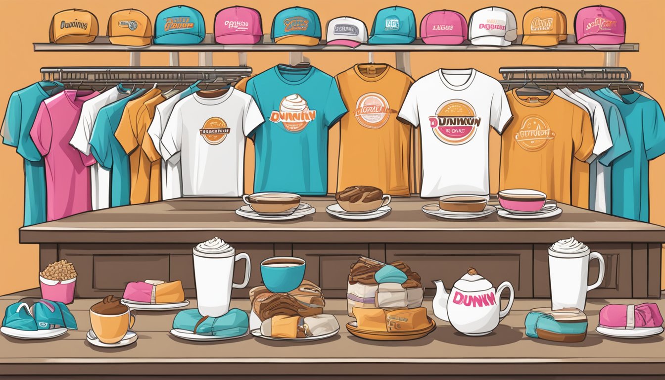 A table with 10 latte-inspired T-shirts and Dunkin' inspired fashion accessories arranged for display