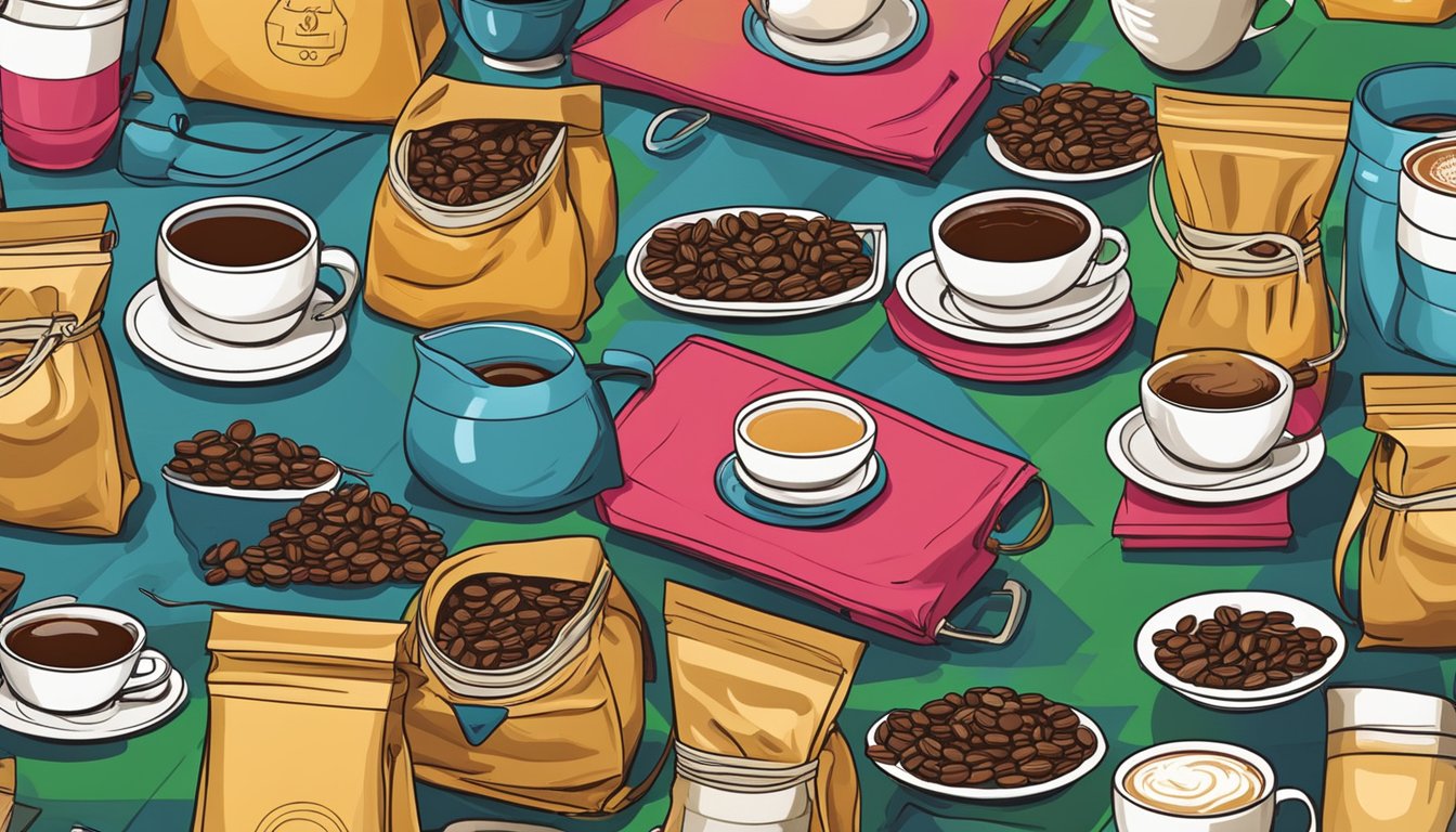 A colorful array of Colombian coffee bags, surrounded by coffee beans and brewing equipment on a kitchen counter