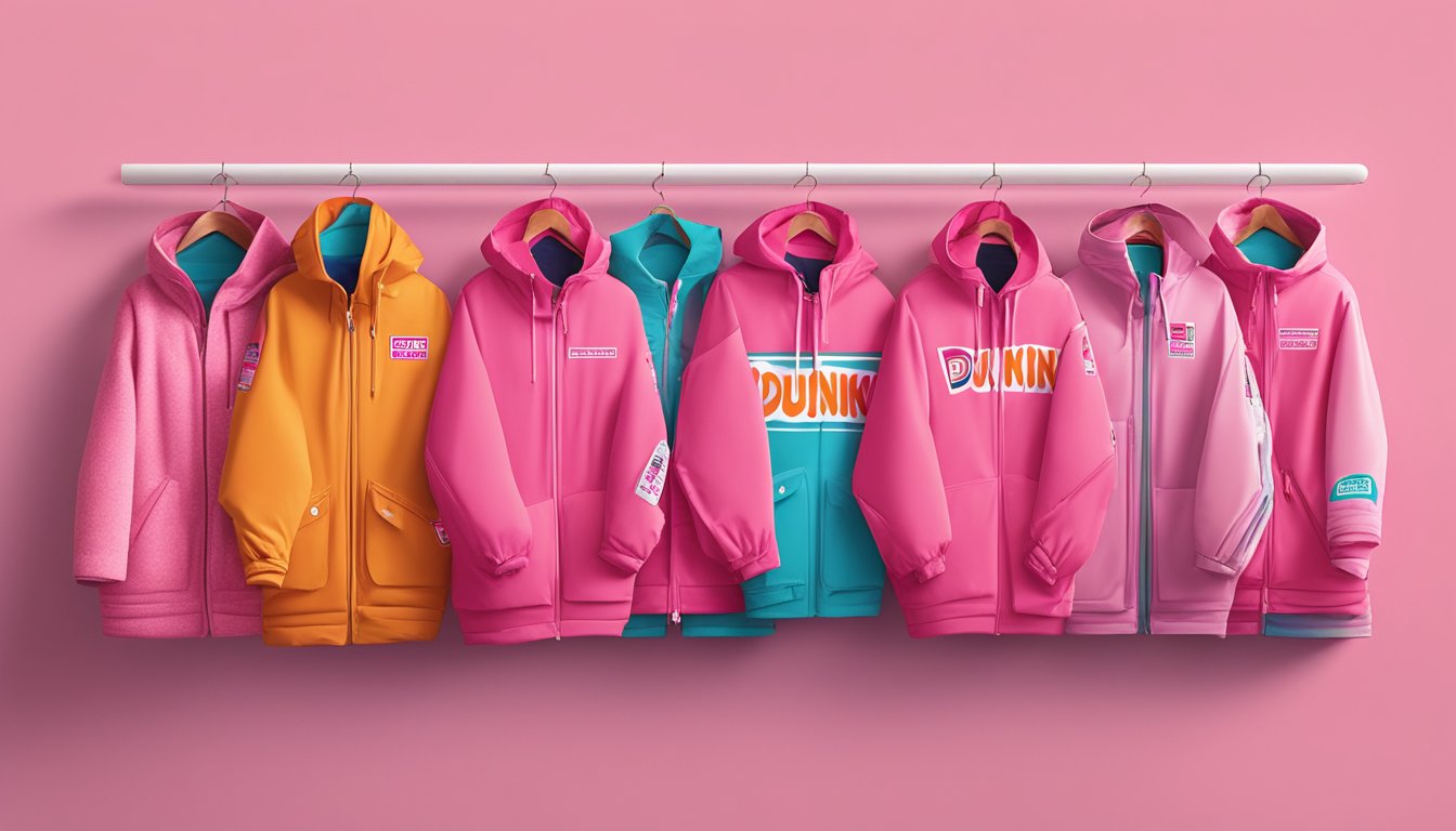 A group of pink frosted jackets arranged in a display, each featuring a unique Dunkin' inspired fashion statement