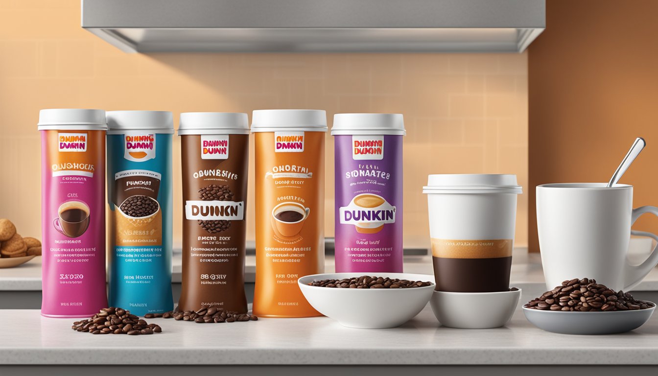 A colorful array of Dunkin' coffee blends displayed on a kitchen counter, with bags of Espresso Roast and other varieties ready to be brewed at home