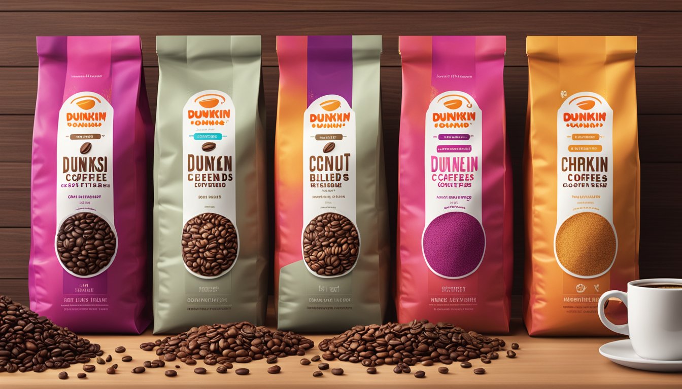 A row of six colorful bags of Dunkin' Coffee blends arranged on a wooden countertop, surrounded by coffee beans and a variety of brewing equipment