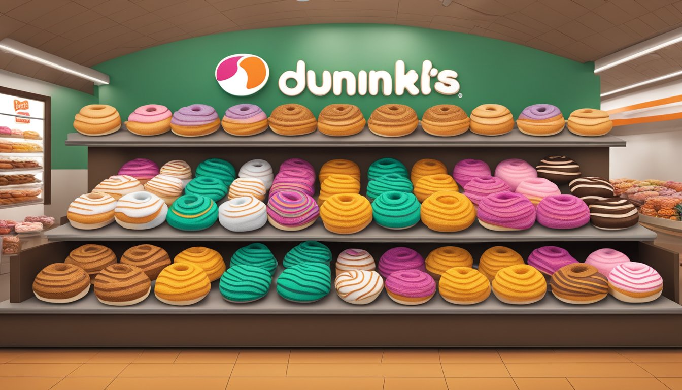 A group of Boston Kreme donut-shaped beanies arranged in a display, with Dunkin' Donuts-inspired colors and patterns