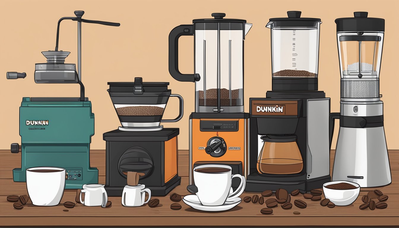 A table with six different bags of Dunkin' coffee blends, surrounded by various brewing equipment such as a coffee grinder, French press, and pour-over cone